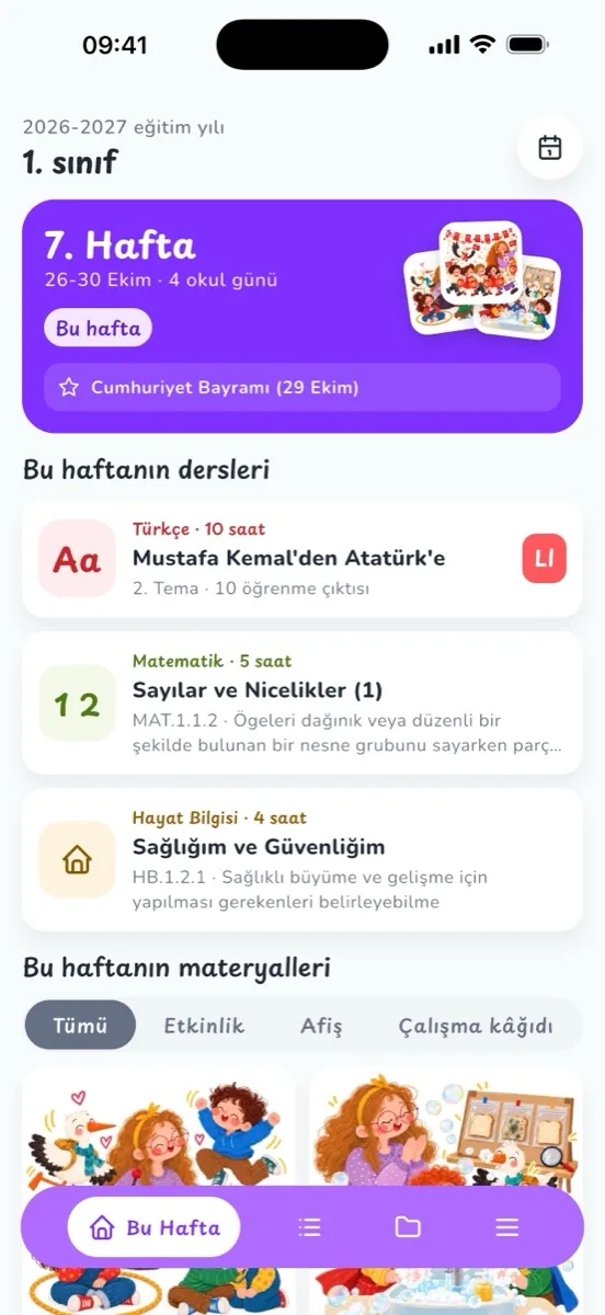 Bu Hafta: haftanın dersleri, kazanımları ve materyalleri