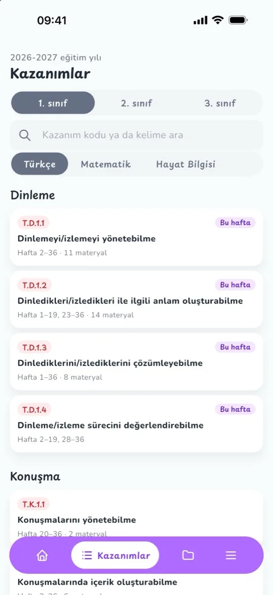 Kazanımlar: yılın bütün kazanımları ders ders, MEB koduyla