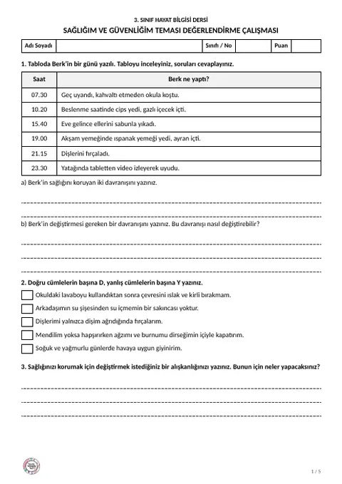 Sağlığım ve Güvenliğim tema değerlendirme