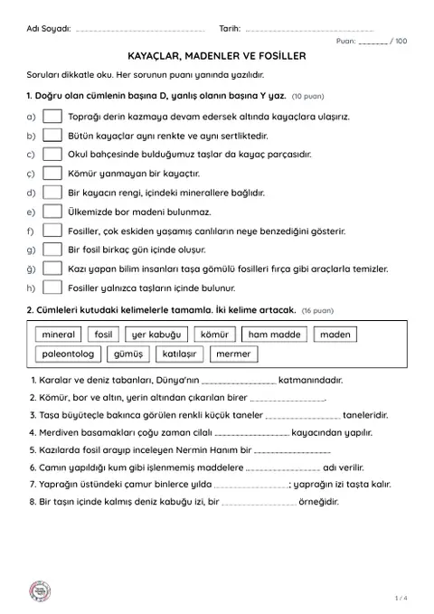 Kayaçlar, madenler ve fosiller