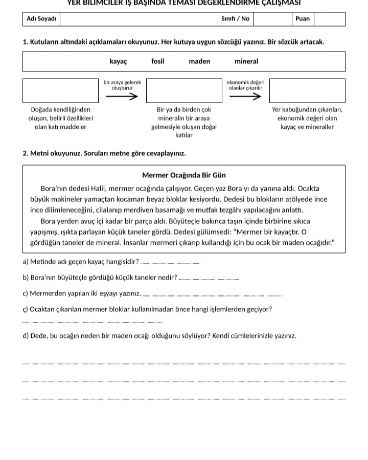 3. sınıf Fen Bilimleri: Yer Bilimciler İş Başında tema değerlendirme