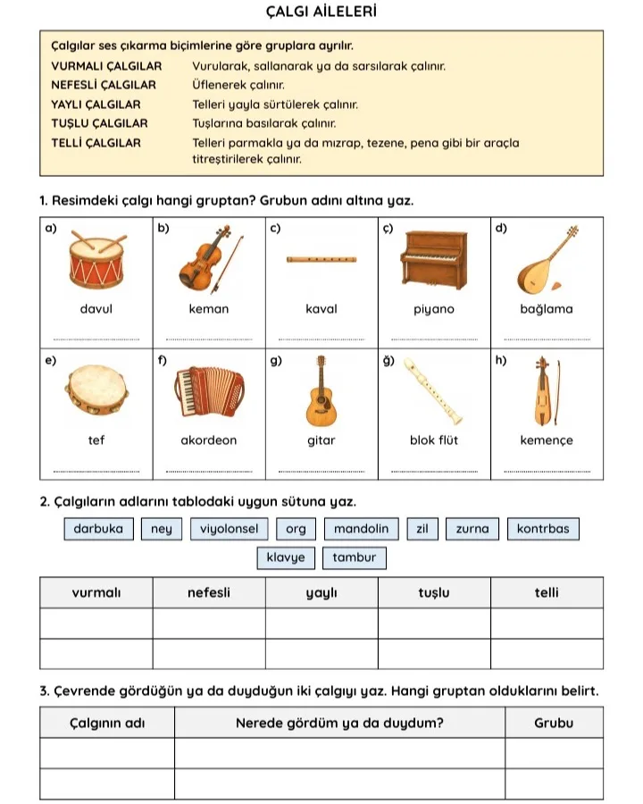 3. sınıf Müzik: çalgı aileleri